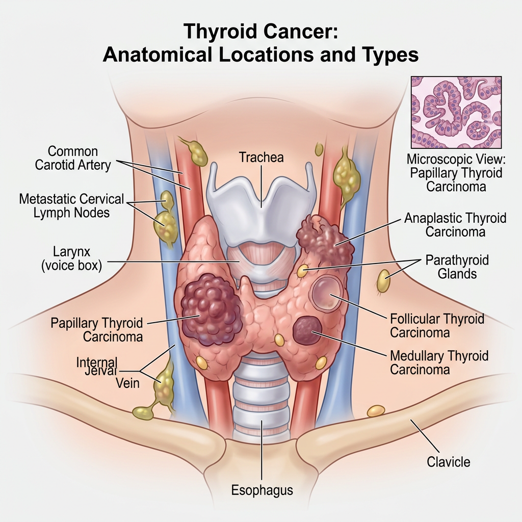 Anatomical illustration of thyroid gland showing locations of papillary, anaplastic, follicular, and medullary thyroid carcinomas, associated lymph nodes, and nearby structures.