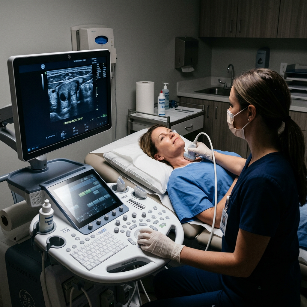 Healthcare professional using ultrasound device on patient's neck to examine thyroid