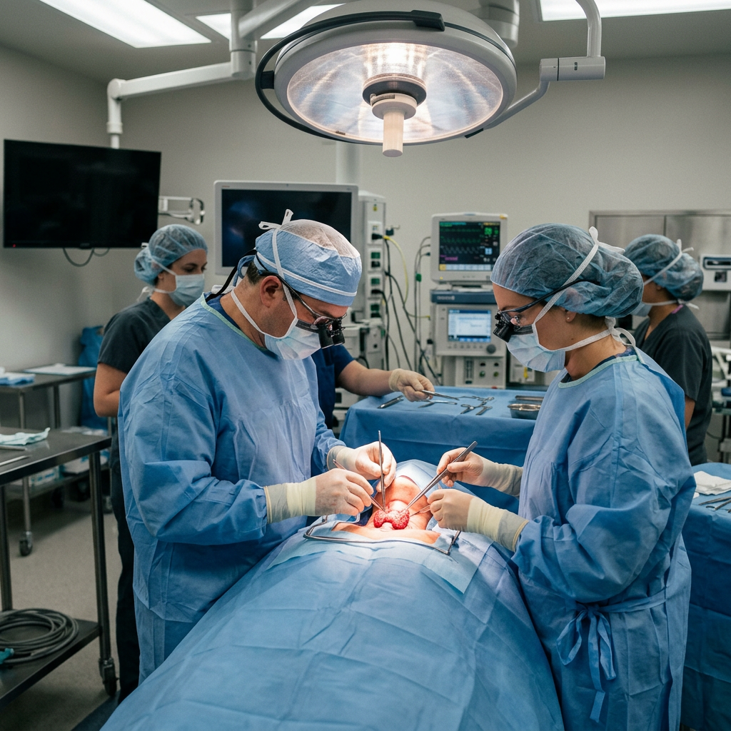 Surgeons and medical staff in blue scrubs and masks performing surgery under an overhead light